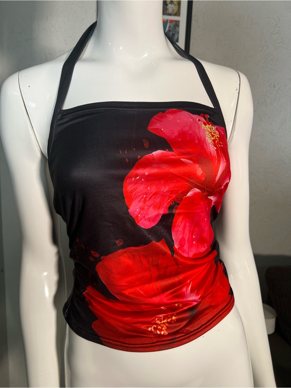 SHEIN Black Halter Top with Red Floral Accent